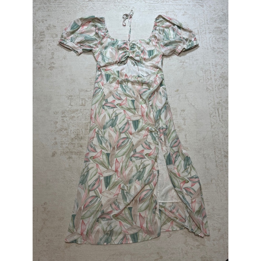 Lulus Tropical Leaf Print Puff Sleeve Cutout Midi Dress Green Pink XL